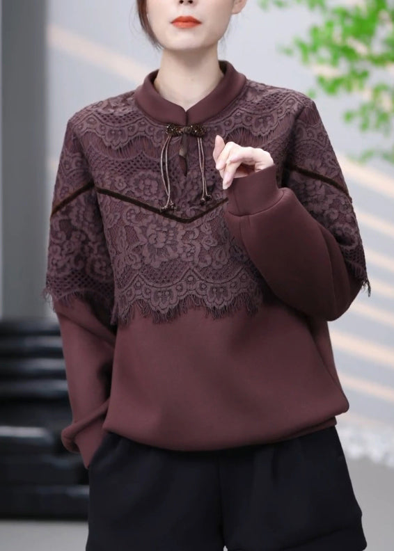 Vintage Brown Lace Patchwork Cotton Sweatshirt Winter RL001 ABC