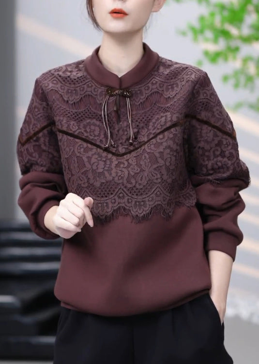 Vintage Brown Lace Patchwork Cotton Sweatshirt Winter RL001 ABC