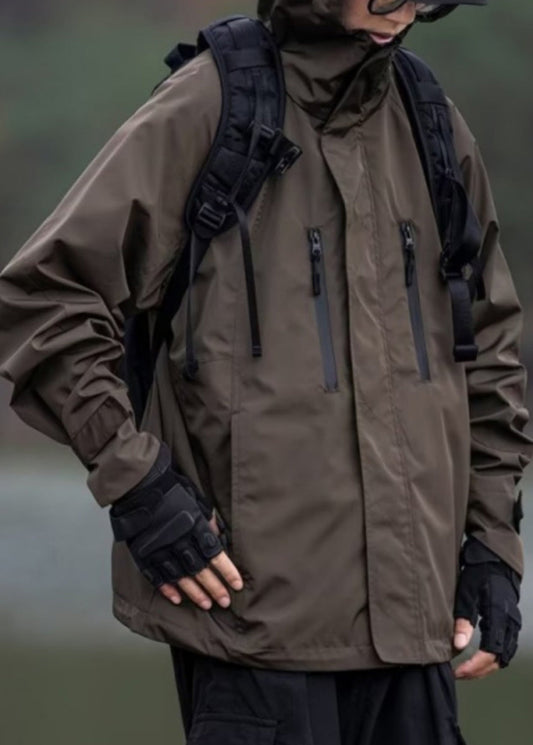 Zippered Mens Brown Spring Oversized Pockets Cotton Coats Vintage FashionChic