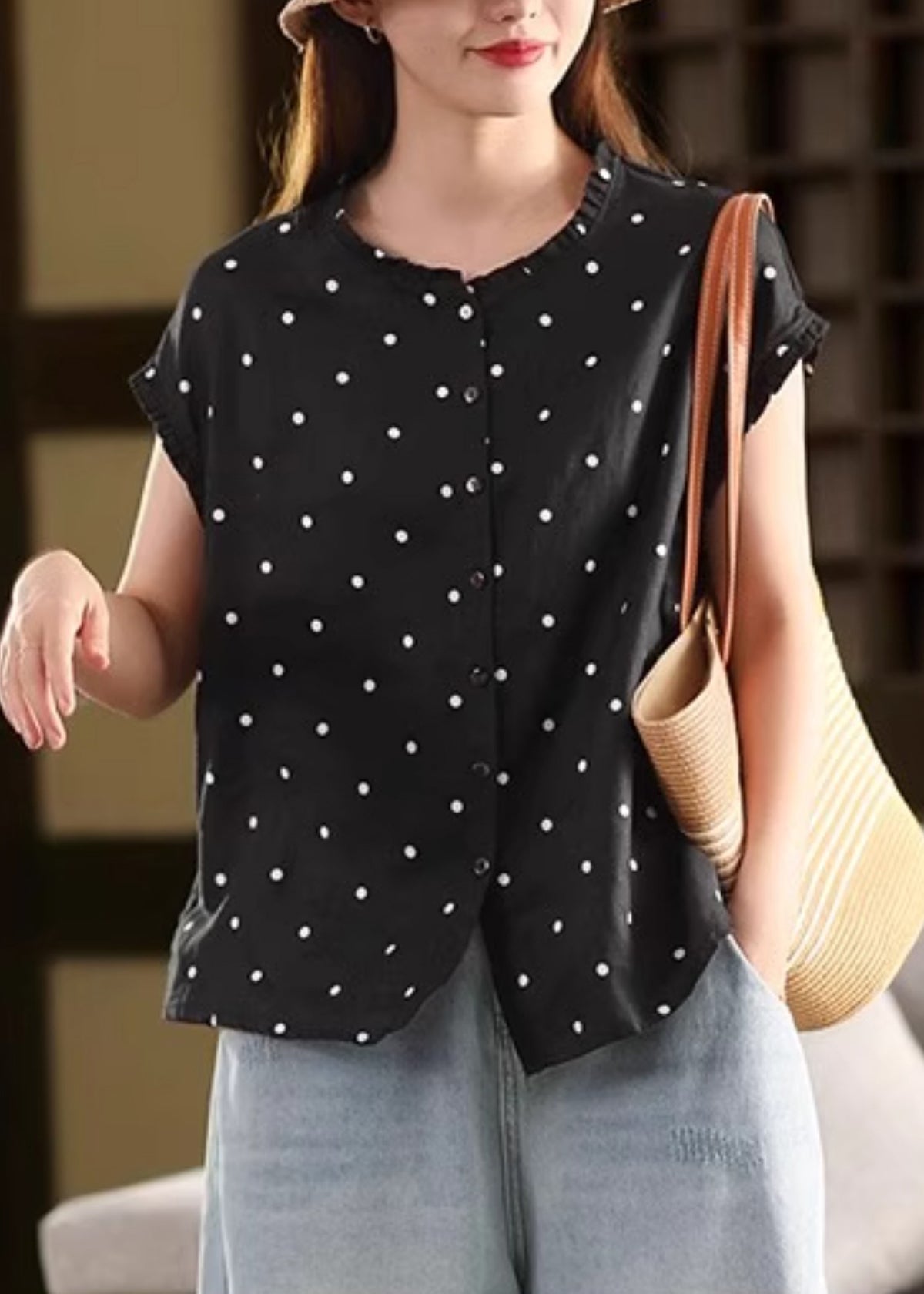 Shirt Coffee Ruffled Dot Vintage Summer Linen FashionChic