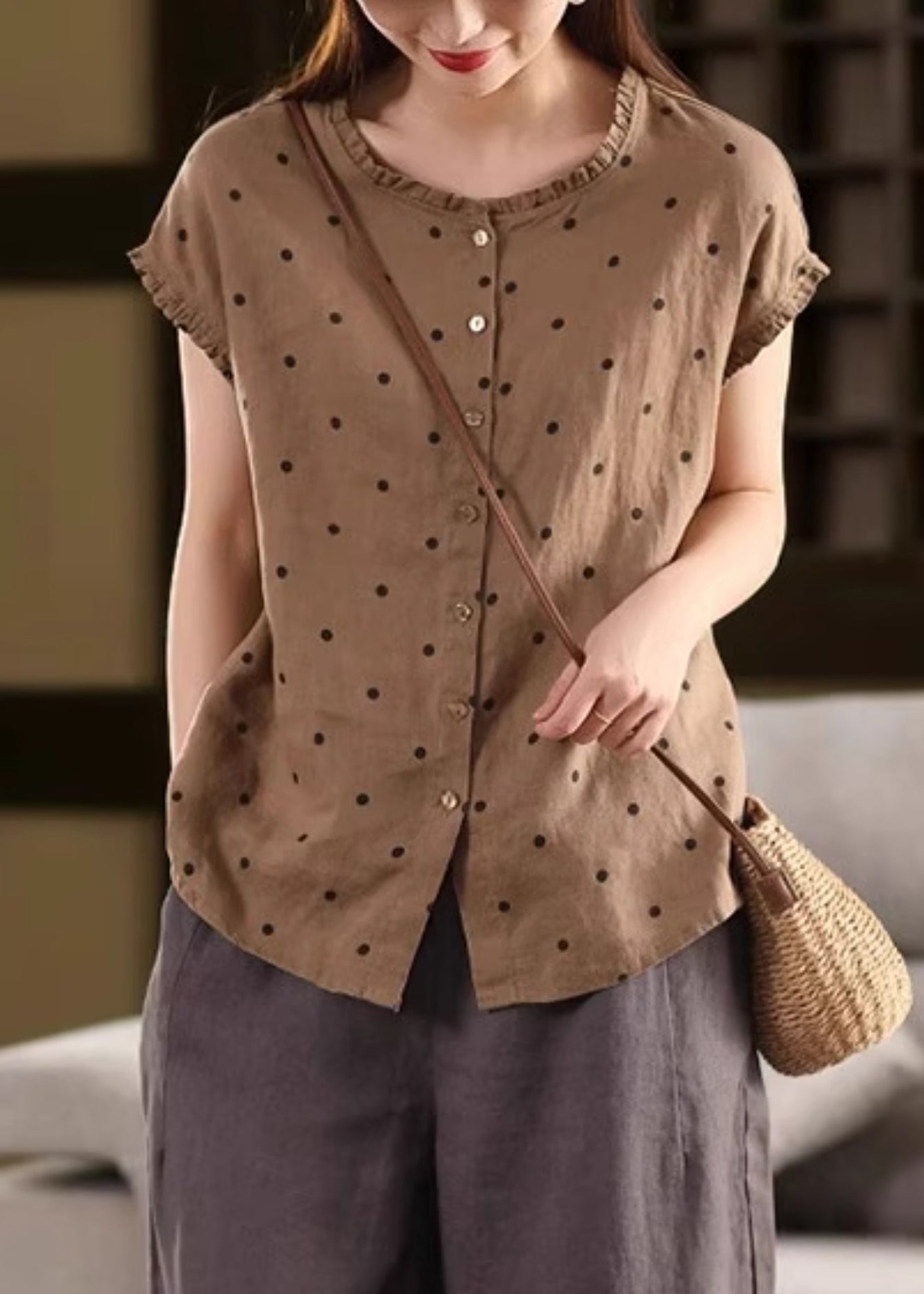 Shirt Coffee Ruffled Dot Vintage Summer Linen FashionChic