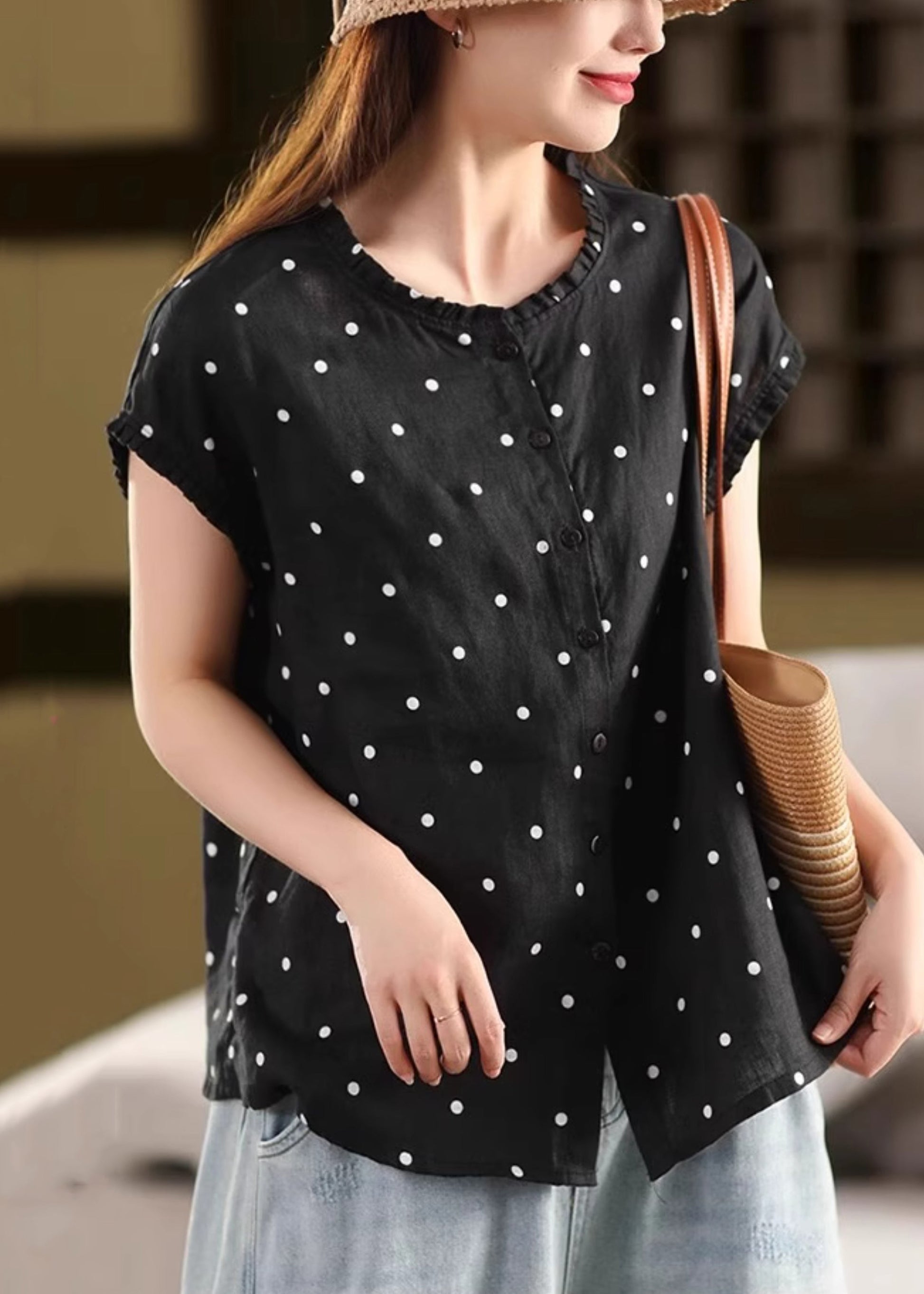 Shirt Coffee Ruffled Dot Vintage Summer Linen FashionChic