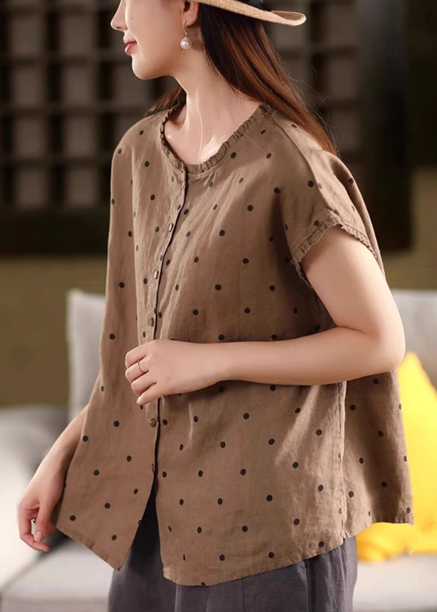 Shirt Coffee Ruffled Dot Vintage Summer Linen FashionChic