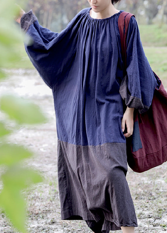 Vintage Colorblock Cinched Patchwork Maxi Dresses Long Sleeve VB1005 Ada Fashion