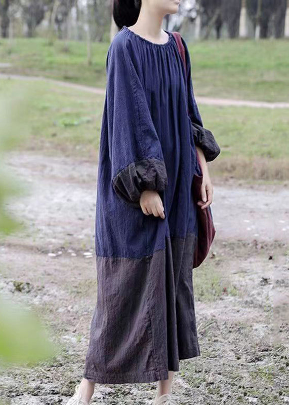 Vintage Colorblock Cinched Patchwork Maxi Dresses Long Sleeve VB1005 Ada Fashion