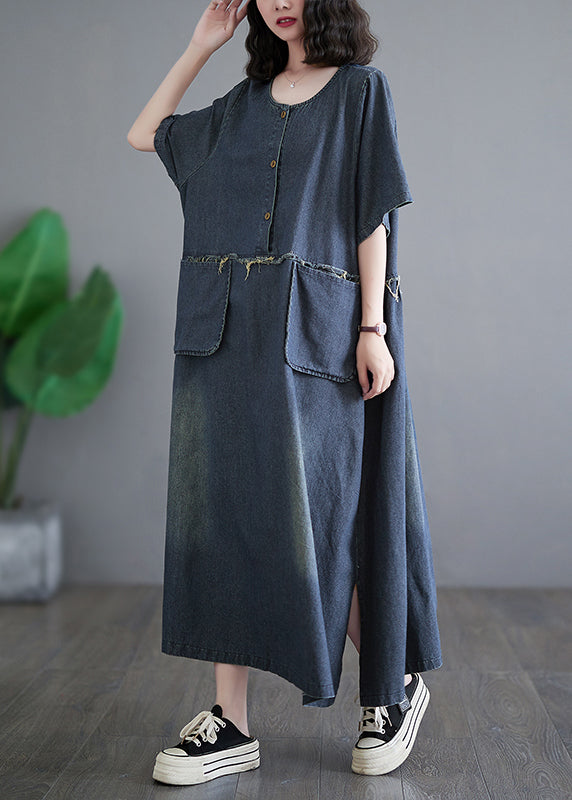 Vintage Denim Blue Patchwork Side Open Button Maxi Dresses Short Sleeve GH1045 Ada Fashion