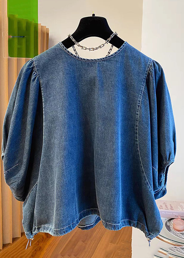 Vintage Denim Blue Patchwork Tie Lace Tops Summer TR004 MZF-HTP240727