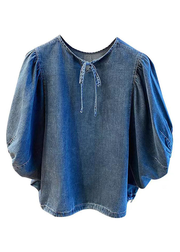 Vintage Denim Blue Patchwork Tie Lace Tops Summer TR004 MZF-HTP240727