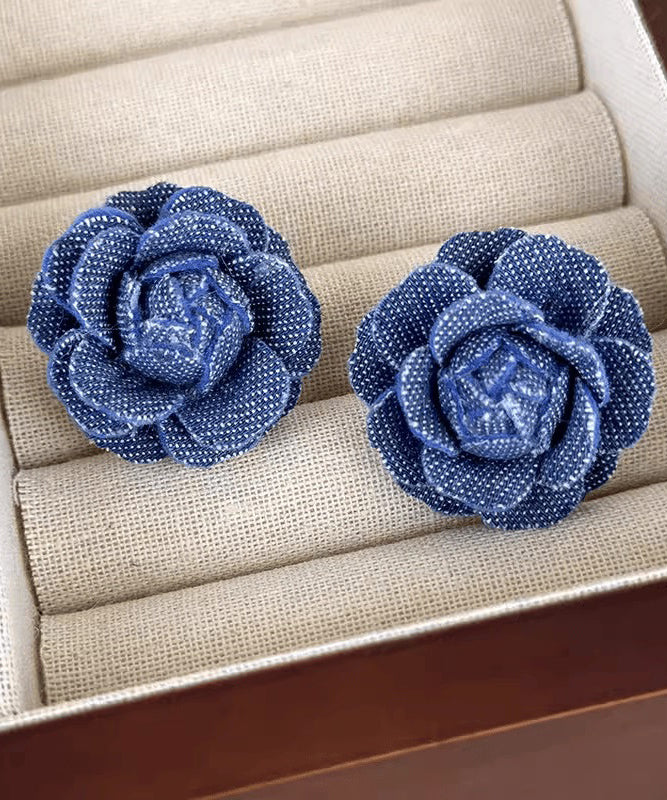 Stud Silver Earrings Denim Blue Floral Sterling Vintage FashionChic
