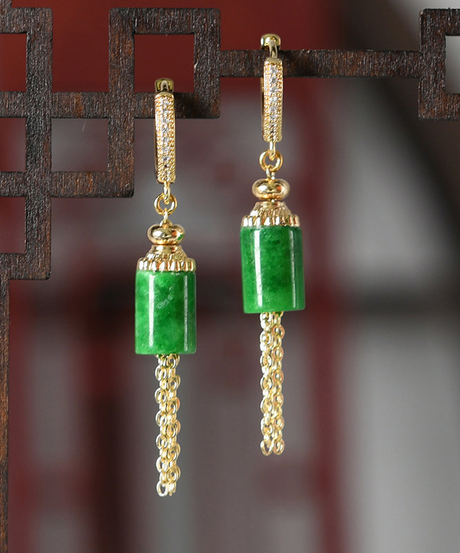 Vintage Gold Sterling Silver Overgild Inlaid Jade Tassel Drop Earrings KX1011 Ada Fashion