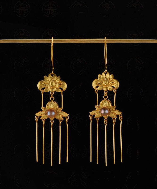 Vintage Gold Sterling Silver Overgild Pearl Floral Tassel Drop Earrings QQ007 JEW-EAR240811