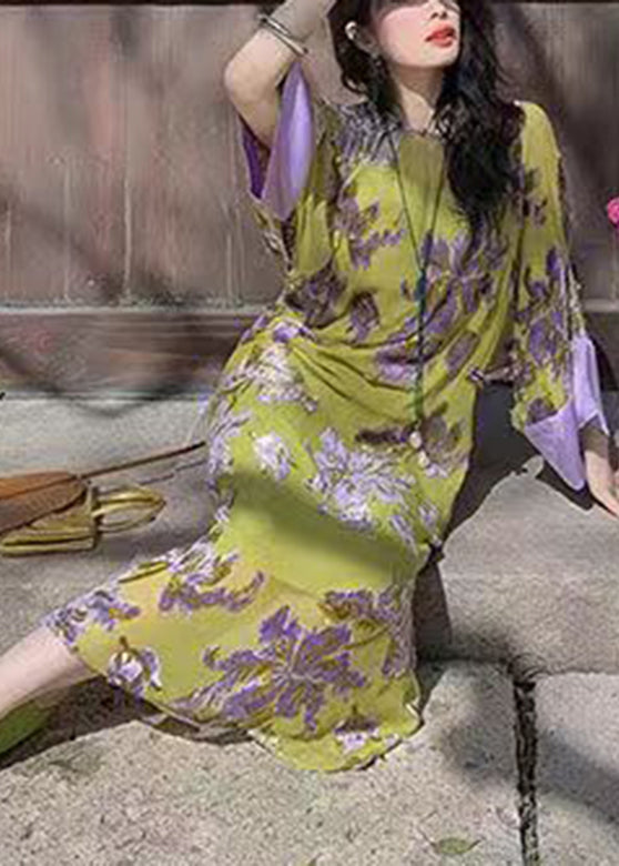 Vintage Green Embroidered Patchwork Chiffon Long Dress Spring UU1033 SH-LF-FDL240526