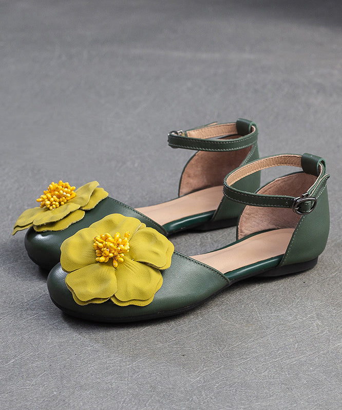 Green Splicing Vintage Sandals Buckle Strap Floral Flat FashionChic