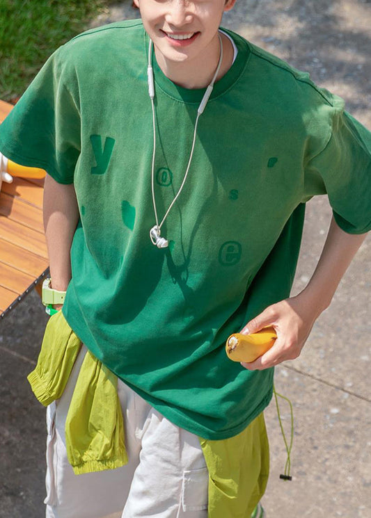 Shirt Gradient Vintage Letter Cotton Green Men Color Summer T FashionChic