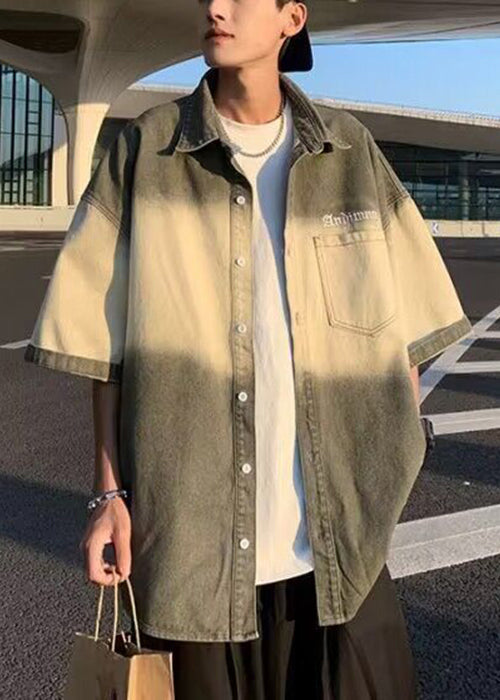 Pockets Half Men Shirts Cotton Vintage Color Gradient Green FashionChic