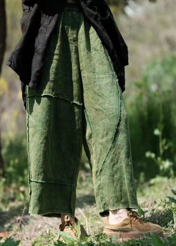 Vintage Green Pockets Elastic Waist Linen Crop Pants Summer VB1084 Ada Fashion