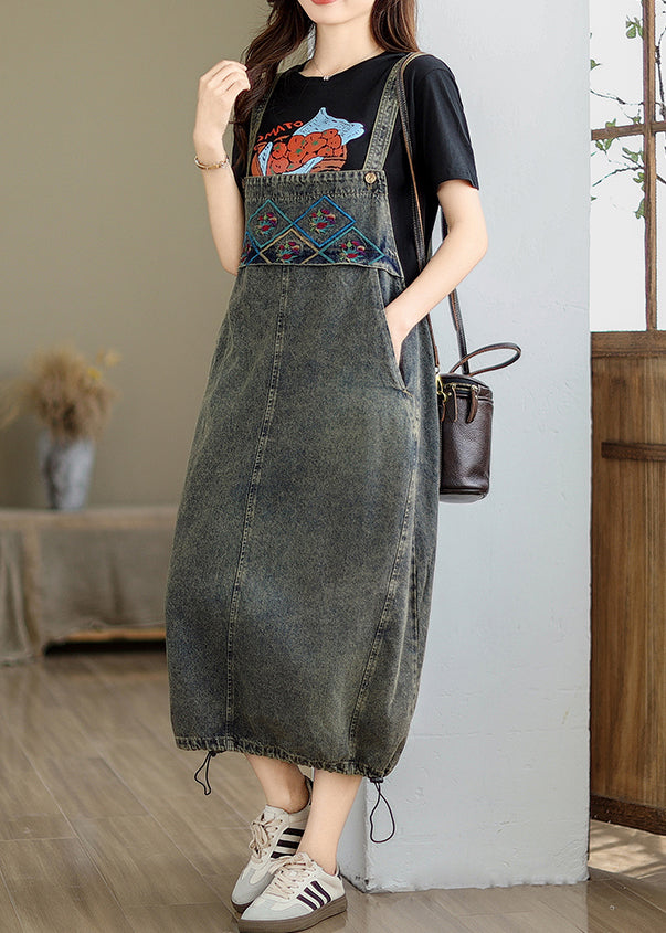 Vintage Grey Pockets Patchwork Drawstring Denim Maxi Dresses Summer UU042 OM-MM240820