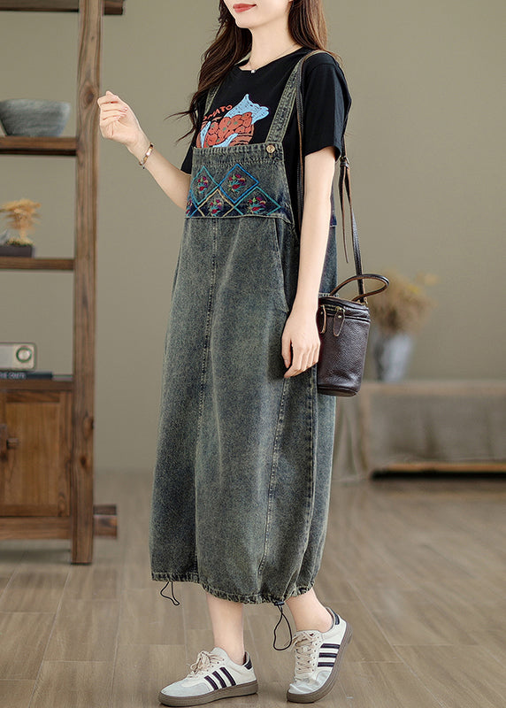 Vintage Grey Pockets Patchwork Drawstring Denim Maxi Dresses Summer UU042 OM-MM240820
