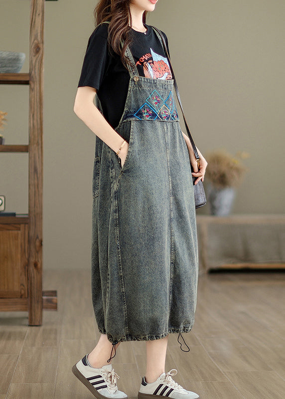 Vintage Grey Pockets Patchwork Drawstring Denim Maxi Dresses Summer UU042 OM-MM240820