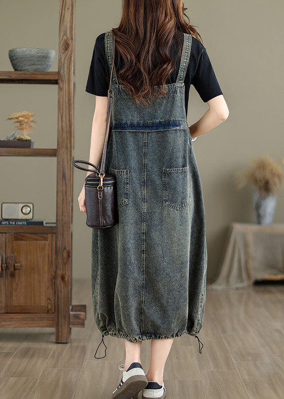 Vintage Grey Pockets Patchwork Drawstring Denim Maxi Dresses Summer UU042 OM-MM240820