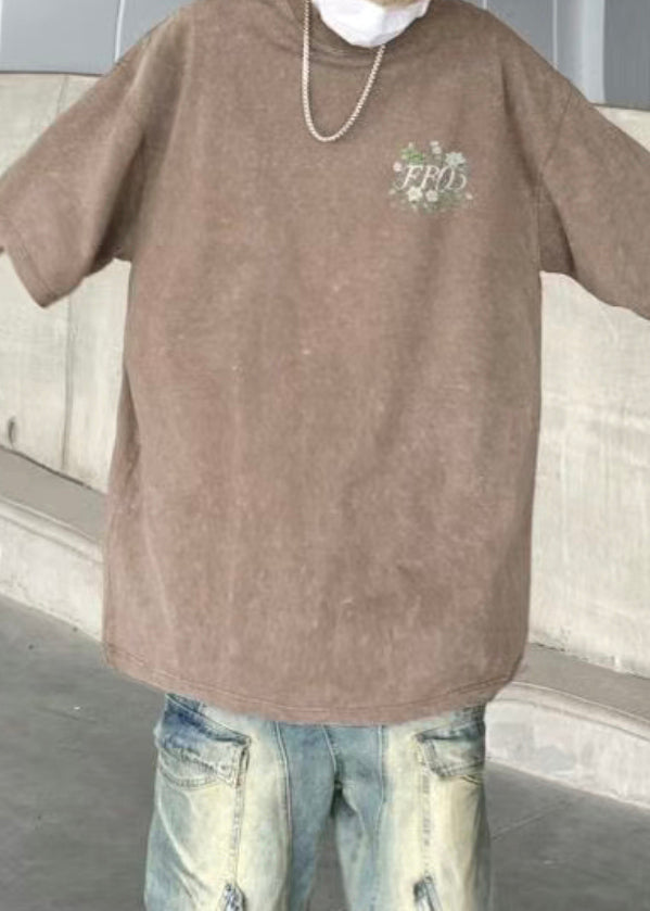 Khaki Cotton Half T Men Cozy Vintage Sleeve Print Shirts FashionChic