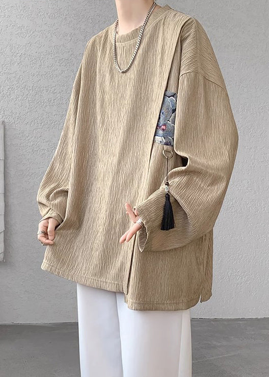 Vintage Khaki Tasseled Patchwork Cotton T Shirts Men Apparel Fall EQ018 ABC