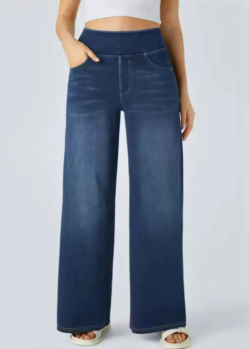 Leg Elastic Blue Light Wide Pants Pockets Denim Vintage Waist FashionChic