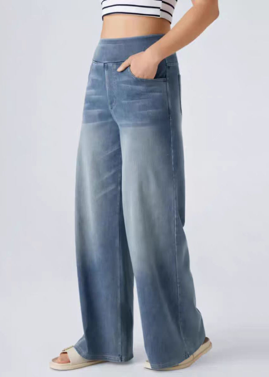 Leg Elastic Blue Light Wide Pants Pockets Denim Vintage Waist FashionChic