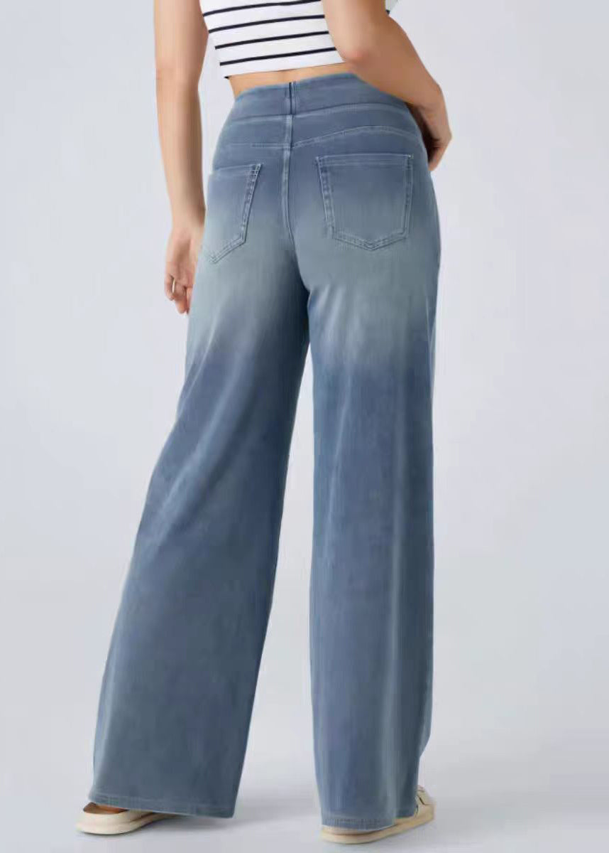 Leg Elastic Blue Light Wide Pants Pockets Denim Vintage Waist FashionChic