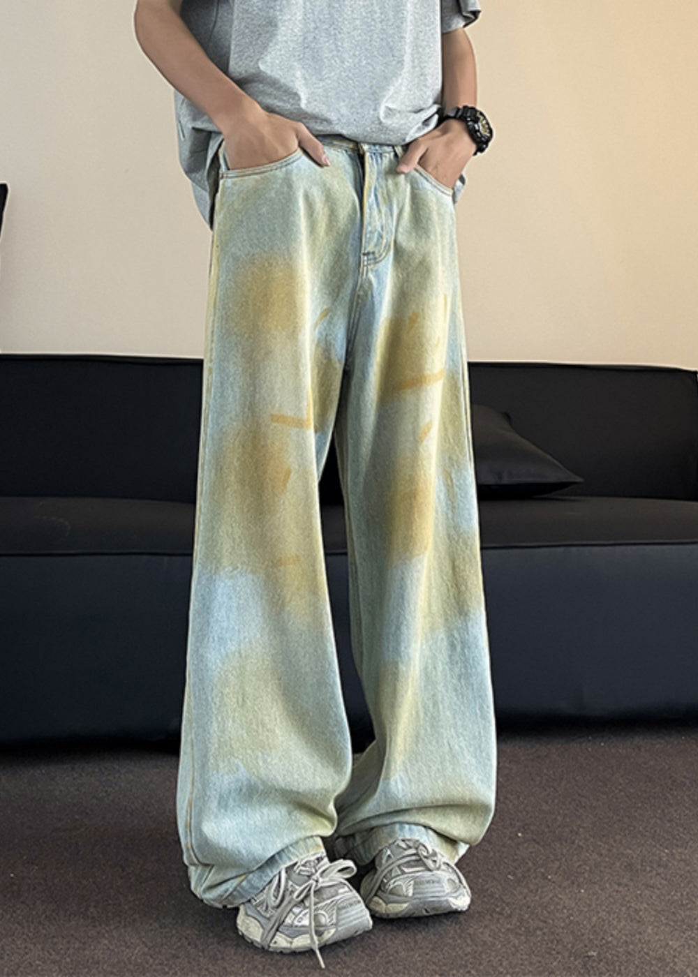 Vintage Light Green Pockets High Waist Men Wide Leg Pants SA010 Men-casual-MENP240726