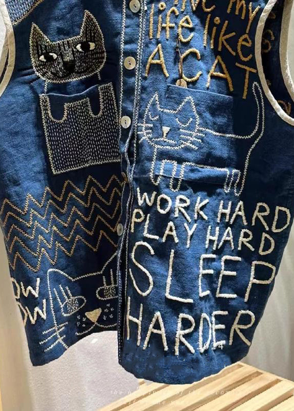 Vintage Navy Embroideried Sleeveless Linen Vest Beach FashionChic