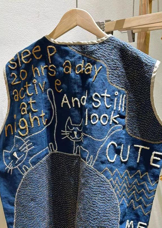 Vintage Navy Embroideried Sleeveless Linen Vest Beach FashionChic