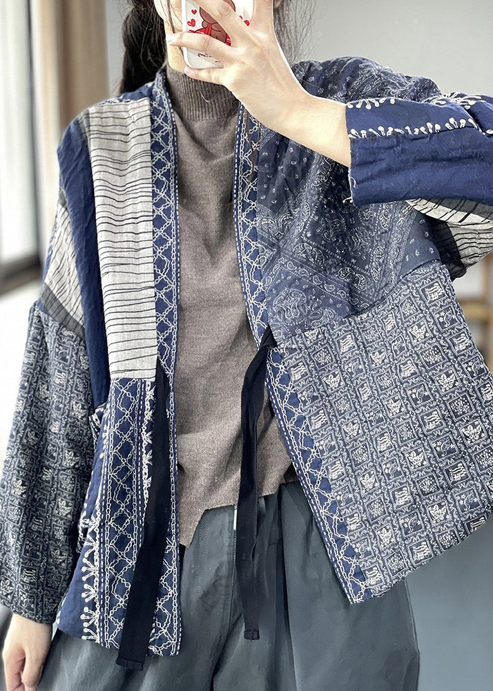 Vintage Navy Oversized Print Fine Cotton Filled Jackets Spring OO013 OM-CS240816