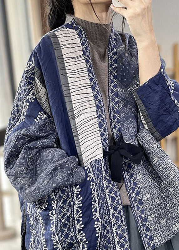Vintage Navy Oversized Print Fine Cotton Filled Jackets Spring OO013 OM-CS240816