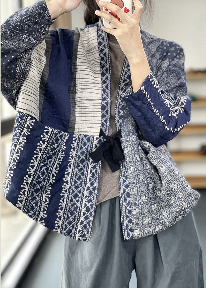 Vintage Navy Oversized Print Fine Cotton Filled Jackets Spring OO013 OM-CS240816