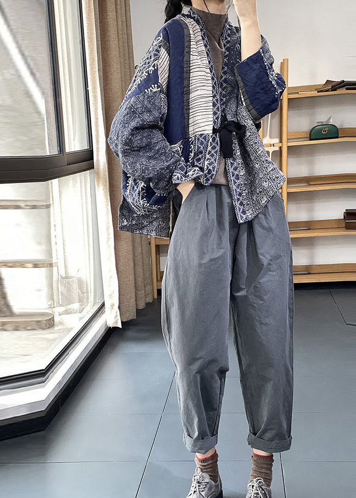 Vintage Navy Oversized Print Fine Cotton Filled Jackets Spring OO013 OM-CS240816