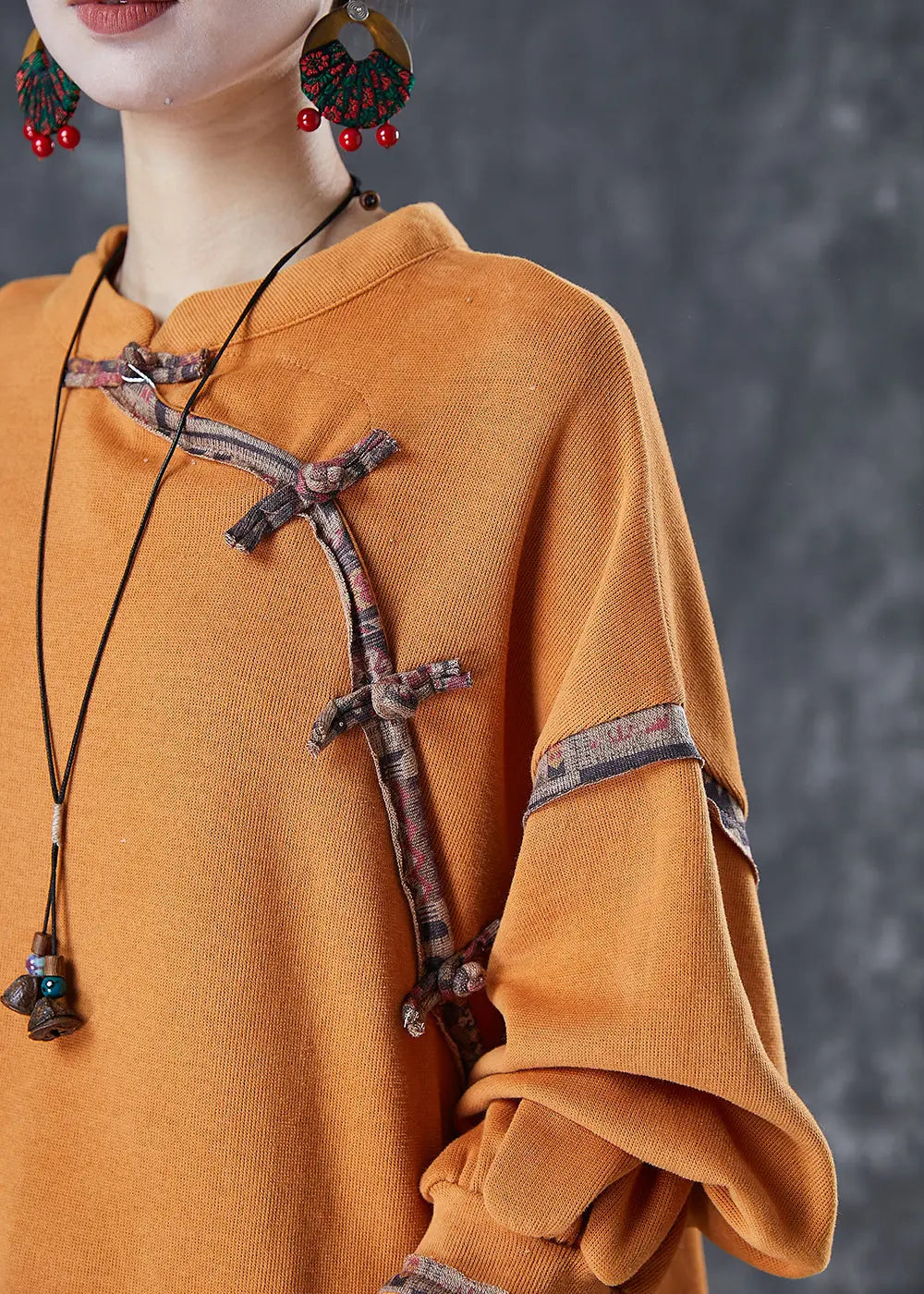 Vintage Orange Chinese Button Patchwork Cotton Shirt Tops Spring Ada Fashion