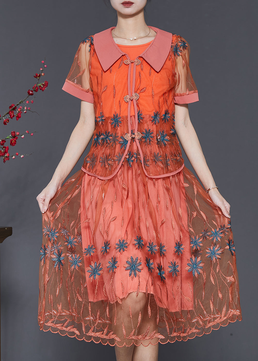Vintage Orange Embroidered Patchwork Tulle Dresses Two Piece Set Summer SD1061 Ada Fashion