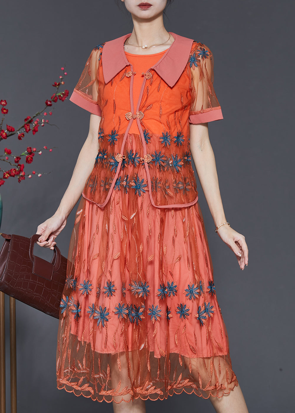 Vintage Orange Embroidered Patchwork Tulle Dresses Two Piece Set Summer SD1061 Ada Fashion