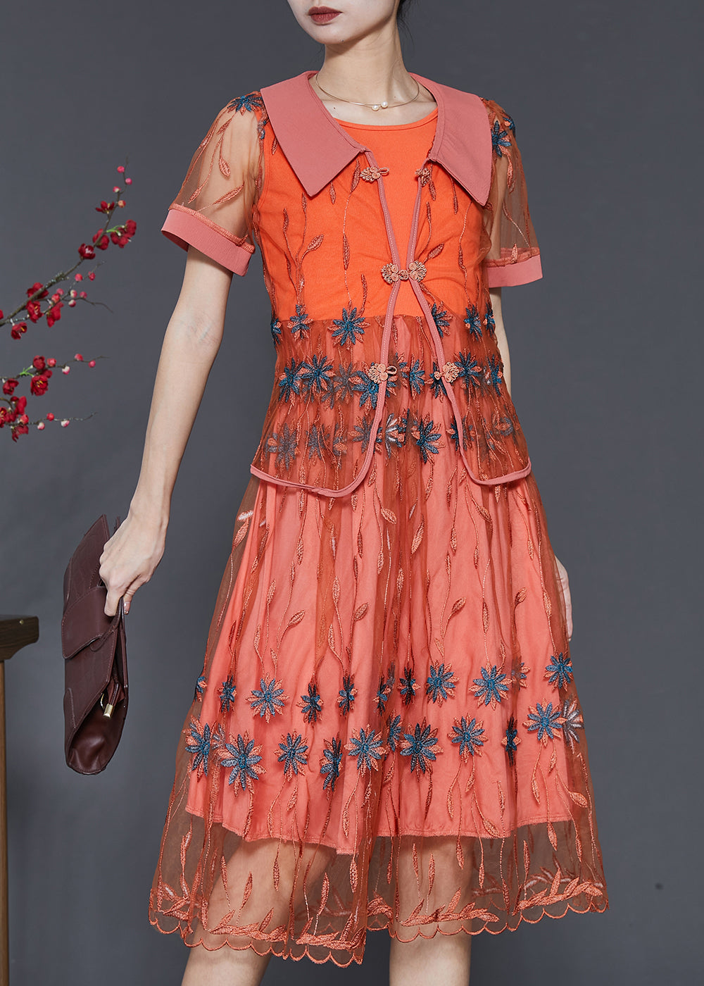 Vintage Orange Embroidered Patchwork Tulle Dresses Two Piece Set Summer SD1061 Ada Fashion