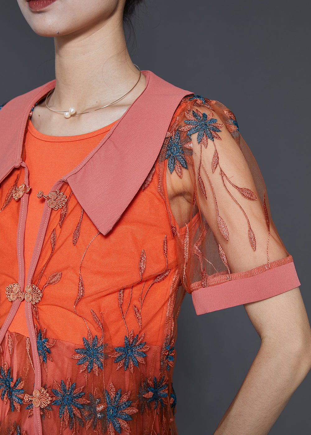 Vintage Orange Embroidered Patchwork Tulle Dresses Two Piece Set Summer SD1061 Ada Fashion
