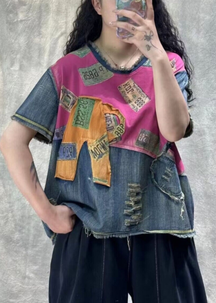 Vintage Orange Print Hole Patchwork T Shirt Denim Summer VV070 HS-STP240627