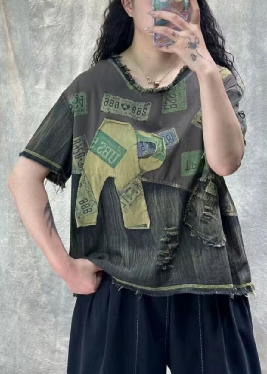 Vintage Orange Print Hole Patchwork T Shirt Denim Summer VV070 HS-STP240627