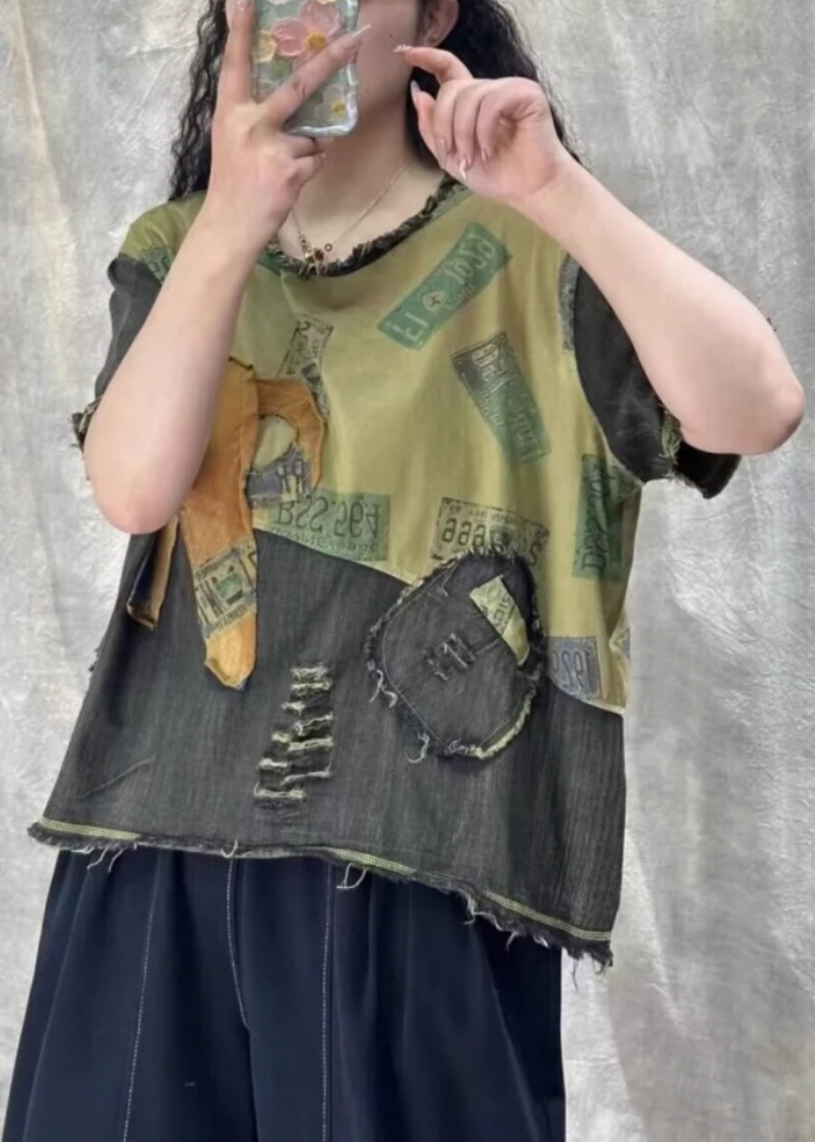 Vintage Orange Print Hole Patchwork T Shirt Denim Summer VV070 HS-STP240627