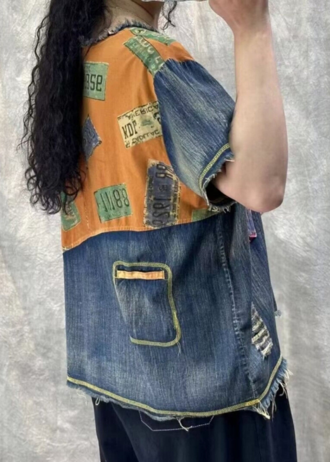 Vintage Orange Print Hole Patchwork T Shirt Denim Summer VV070 HS-STP240627
