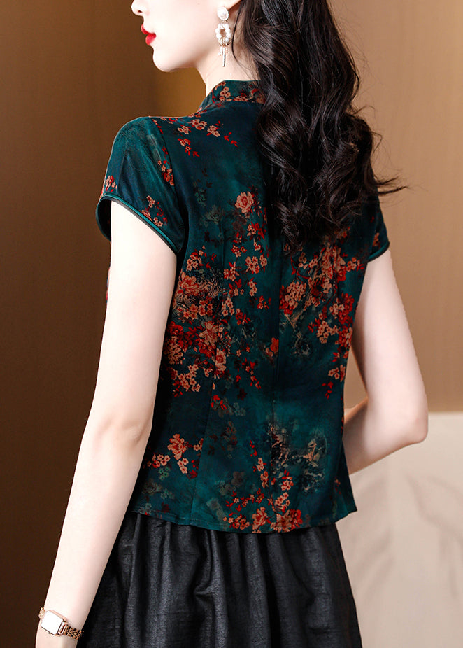 Vintage Orange Stand Collar Print Silk Shirts Summer OP1082 Ada Fashion