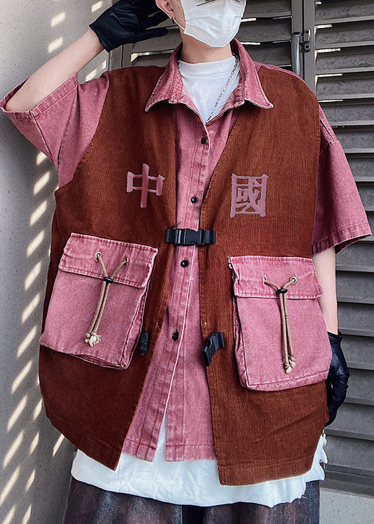 Pieces Two Men Patchwork False Half Oversized Pink Shirts Vintage FashionChic