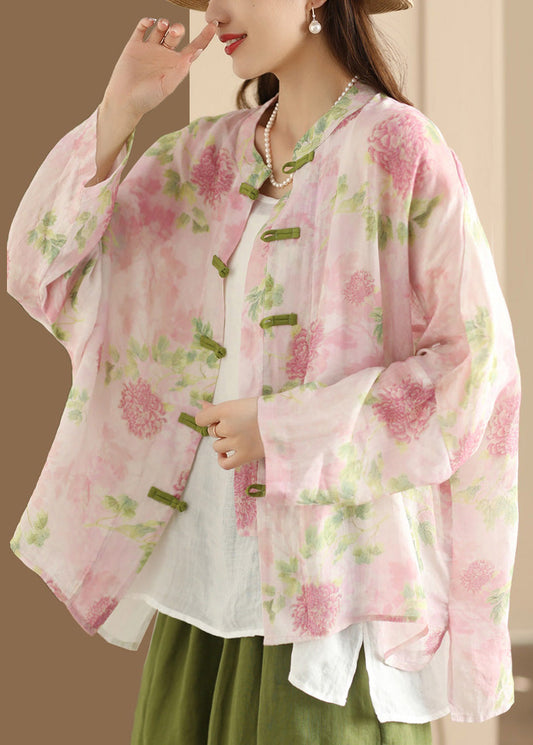 Oriental Oversized Vintage Top Shirt Pink Linen Print Summer FashionChic