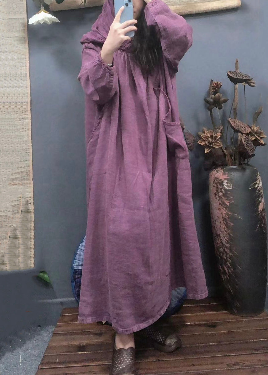 Vintage Purple Hooded Pockets Solid Linen Long Dress Spring AA1045 Ada Fashion