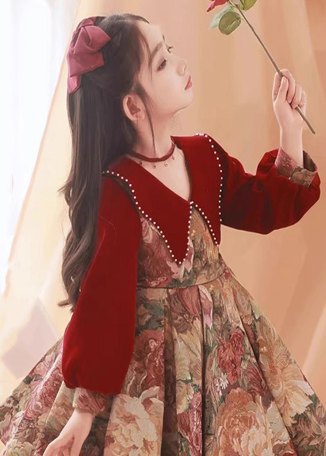 Vintage Collar Pan Dress Peter Red Print Kids Maxi Spring FashionChic